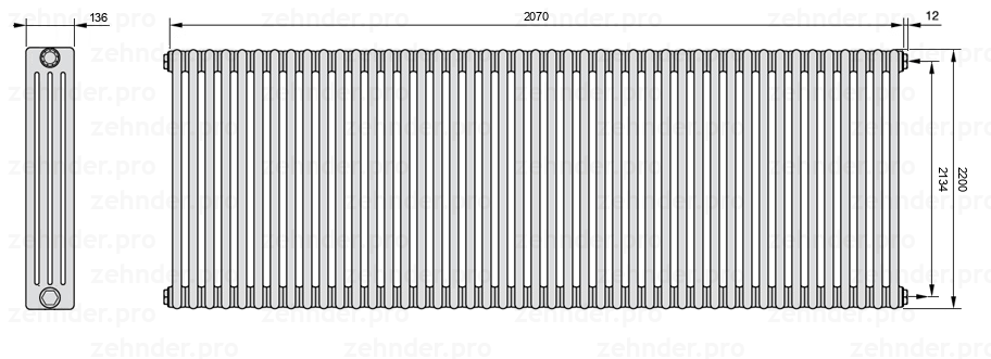 Схема (чертеж) Радиатор Zehnder Charleston 4220/45 №7610 Белый глянцевый RAL 9016